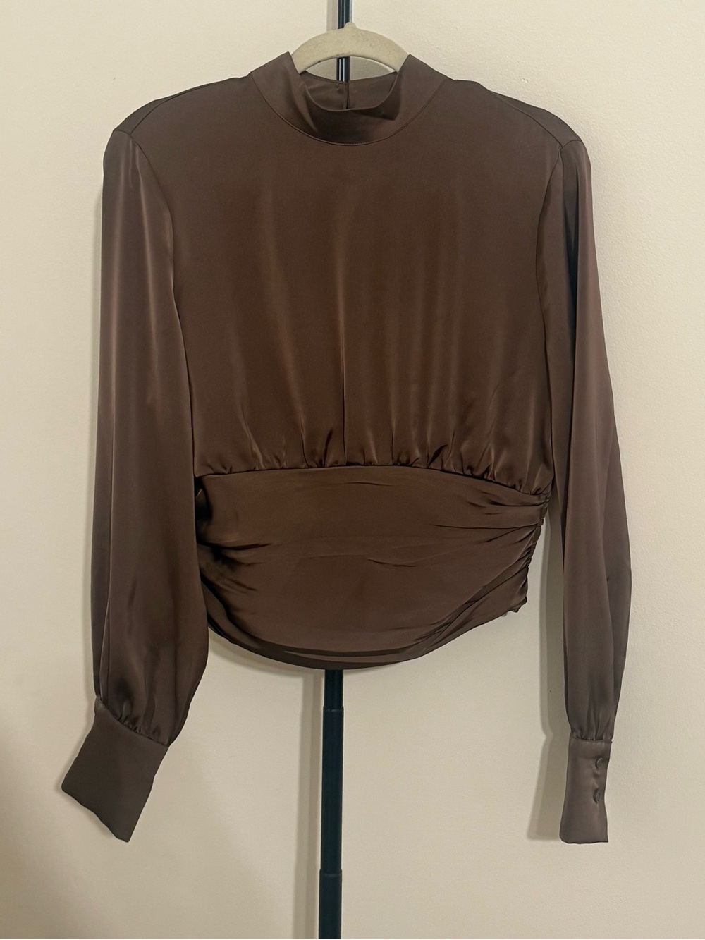 House of Harlow 1960 Brown Satin Mock Neck Long Sleeve Top